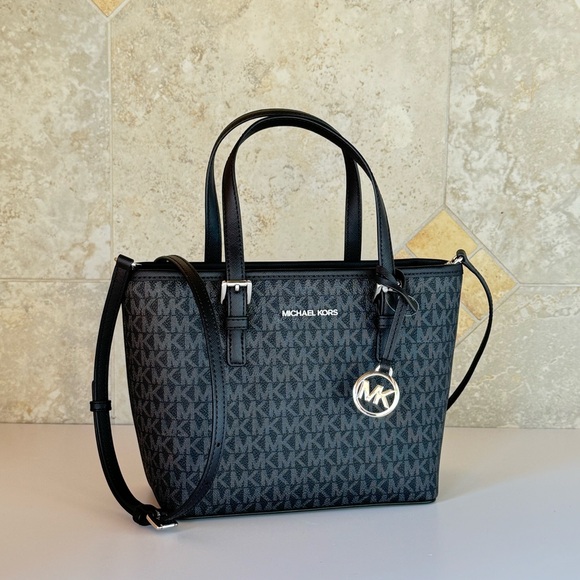 Michael Kors Jet Set Travel XS Tote Shoulder Bag MK Black/Silver - Picture 4 of 12